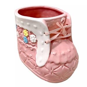 Napco Vintage 90's Ceramic Pink Quilted Floral Baby Girl Bootie Nursery Planter